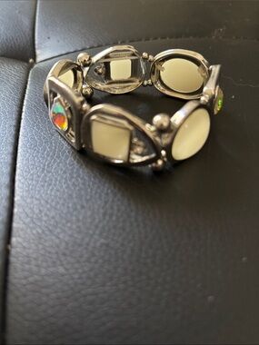 Silver-Tone Stretch Bracelet with Cream Panels and Iridescent Accents